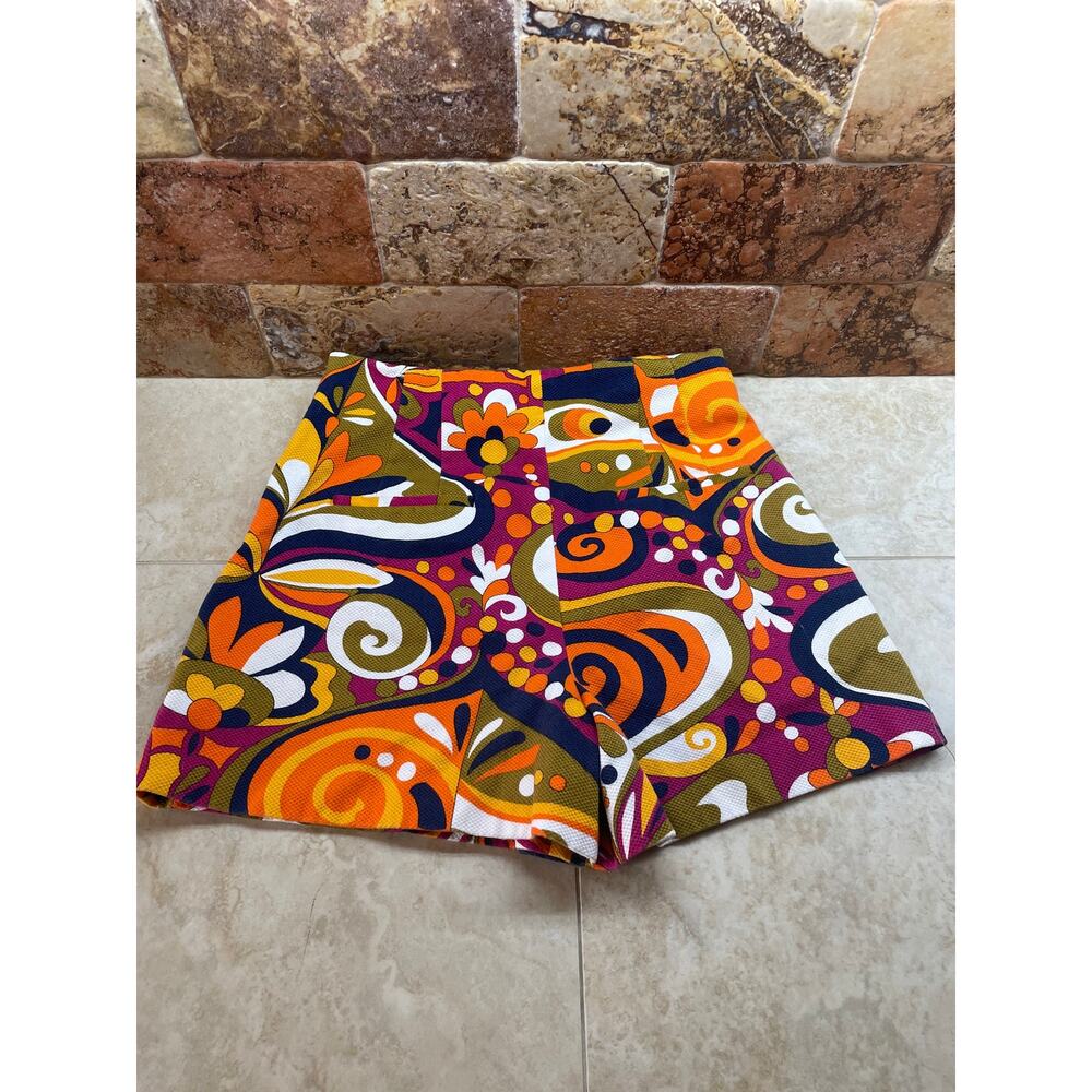 Zara Shorts Retro Mod Print High Waist Textured Lined Size S Colorful Side Zip - Picture 2 of 10